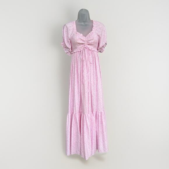 Mable Dresses & Skirts - Mable Pink Smocked Maxi Dress Size Med Cottagecore Ditsy Floral Puff Sleeve Boho